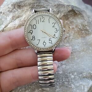 Large Face Quartz Watch w/ Rhinestone Bezel & Silver Stretch Band 34mm Unisex